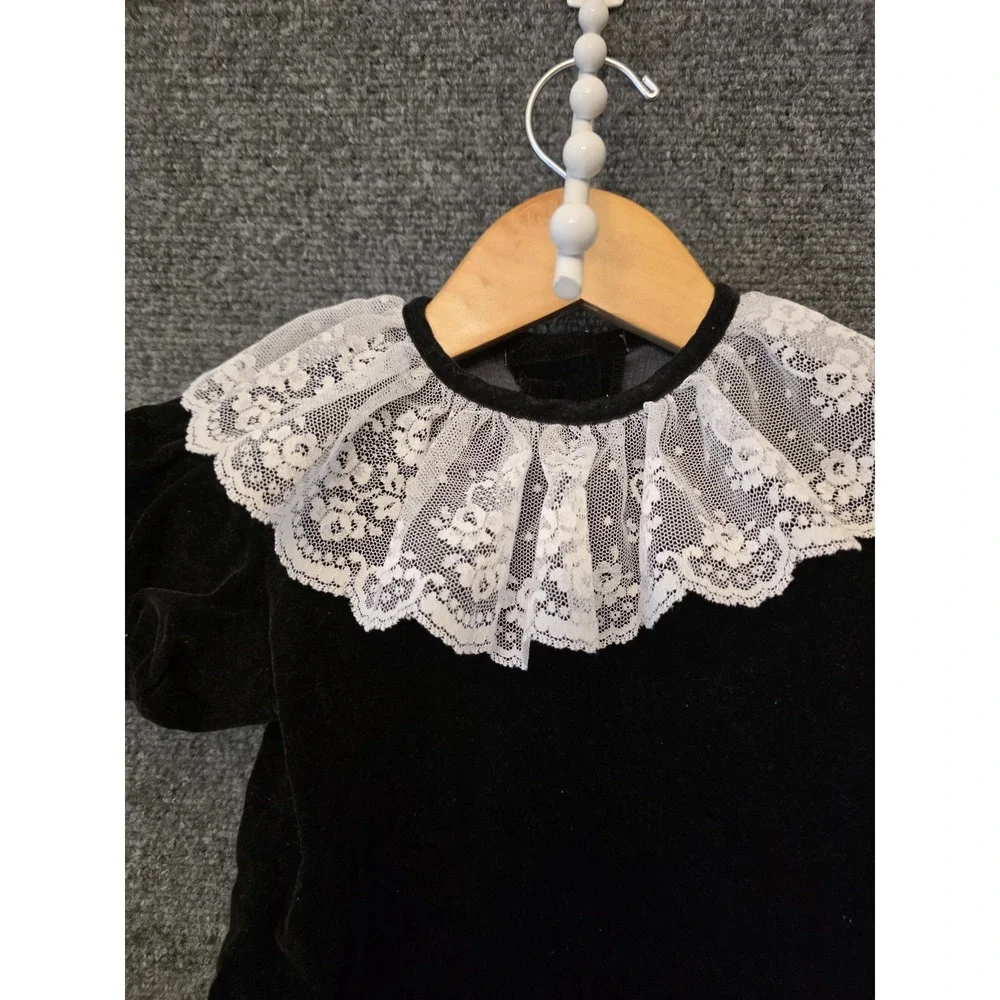 Vtg Jo Lene Dress Girls 4T Black Velvet Lace Collar Puff Sleeve‎ Party USA